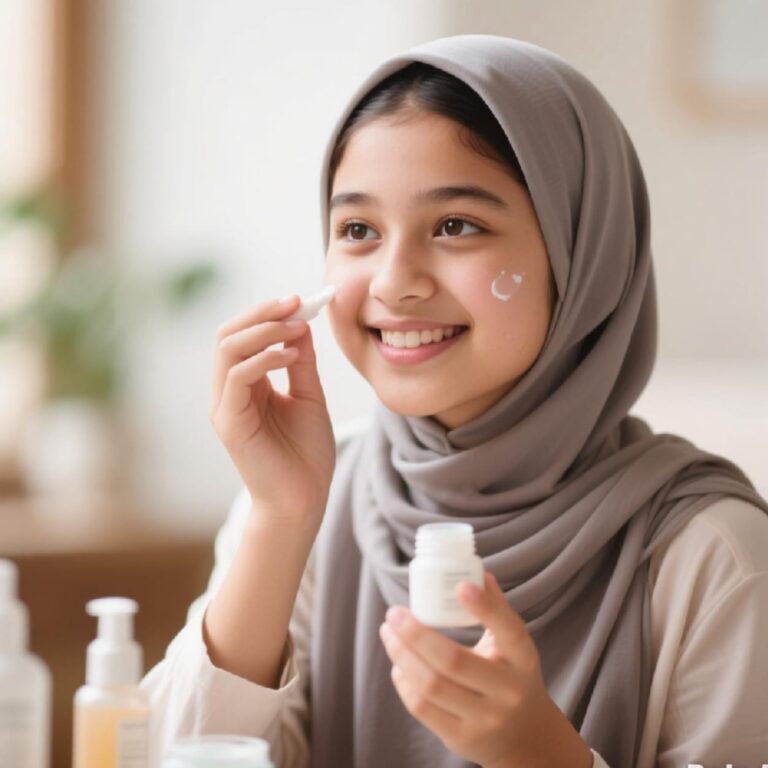 seorang remaja muslimah memakai skincare