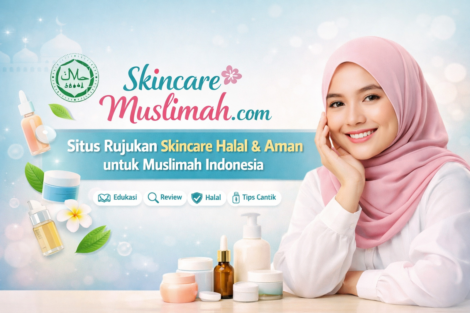 Banner promosi website SkincareMuslimah.com menampilkan wanita Muslimah berhijab pink tersenyum di samping rangkaian produk skincare halal. Teks utama berbunyi "SkincareMuslimah.com - Situs Rujukan Skincare Halal & Aman untuk Muslimah Indonesia," dengan ikon "Edukasi," "Review," "Halal," dan "Tips Cantik" di bawahnya. Latar belakang langit biru cerah dengan awan dan siluet masjid, serta logo "HALAL" di kiri atas
