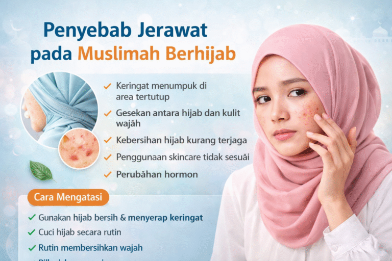 Infografis yang memberikan edukasi tentang jerawat, menampilkan seorang wanita Muslimah berhijab merah muda yang tampak khawatir sedang memeriksa jerawat di wajahnya. Teks judulnya adalah "Penyebab Jerawat pada Muslimah Berhijab". Gambar ini memuat daftar penyebab dengan centang oranye: keringat menumpuk, gesekan hijab, kebersihan hijab kurang, skincare tidak sesuai, dan perubahan hormon. Ada dua inzet lingkaran close-up jerawat. Di bagian bawah terdapat bagian "Cara Mengatasi" dengan centang hijau: gunakan hijab bersih & menyerap keringat, cuci hijab secara rutin, dan rutin membersihkan wajah