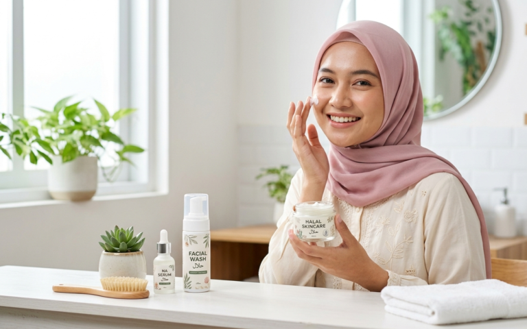 Wanita muslimah menggunakan skincare halal berlabel BPOM